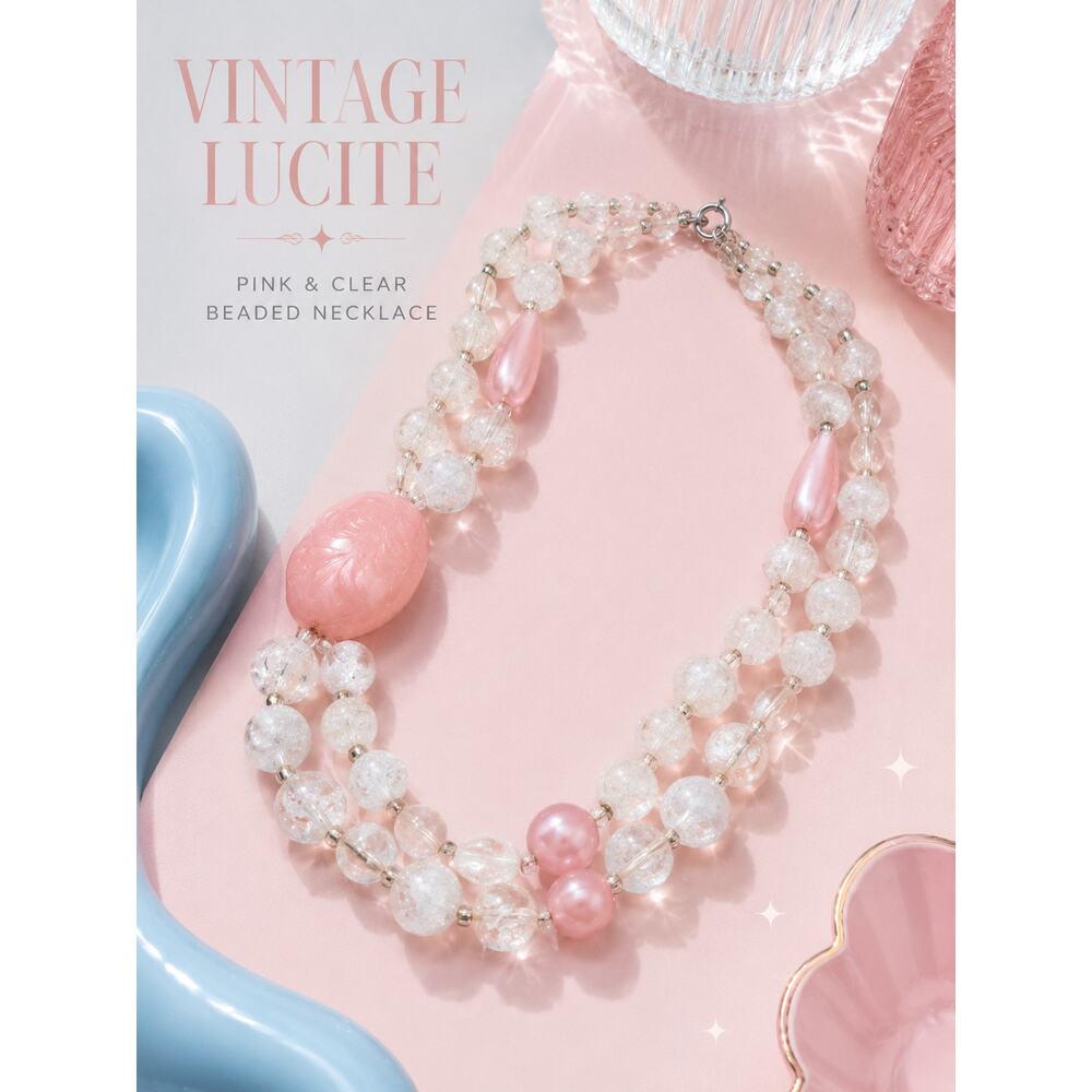 Vintage Pink & Clear Lucite Beaded Necklace Double Strand Statement Necklace